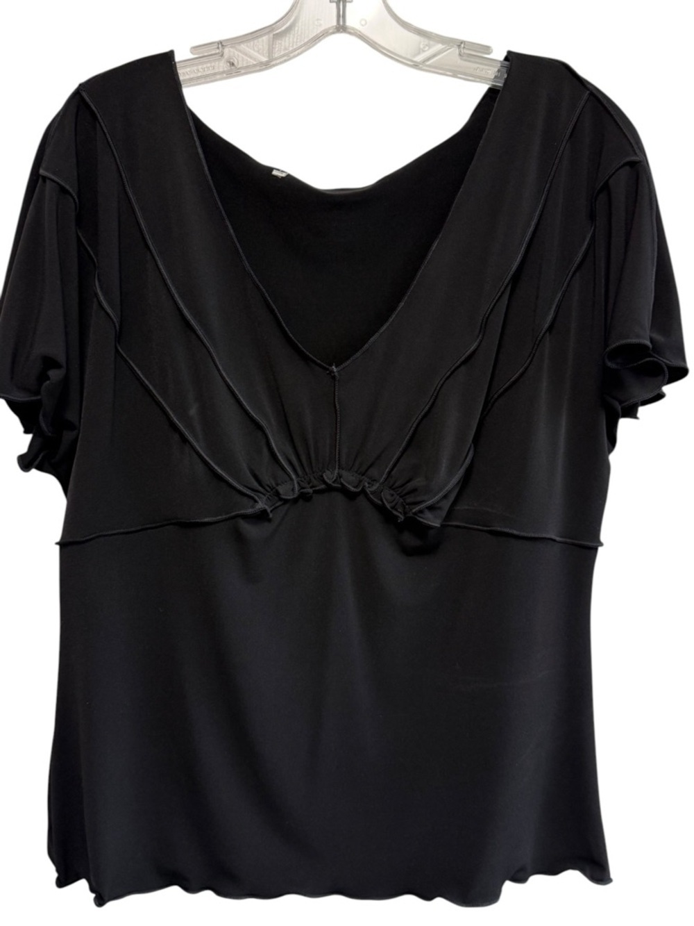Black Women’s Short Sleeve Layered Top pleats around the neck flutter sleeves S